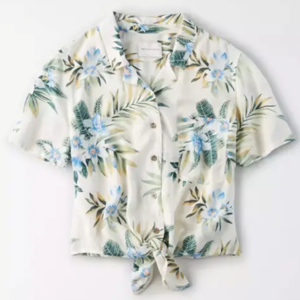 American Eagle Hawaiian Floral White Lotus Front Tie Shirt Top